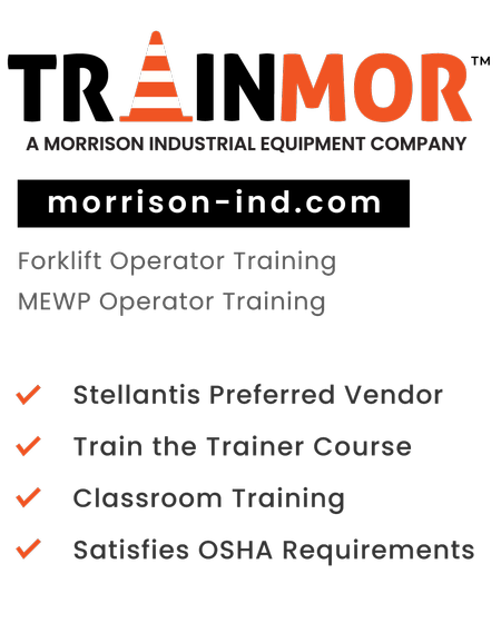 TRAINMOR Forklift Operator Training, MEWP Operator Training, Stellantis Preferred Vendor. Train the Trainer Course, Classroom Training,Satisfies OSHA Requirements
